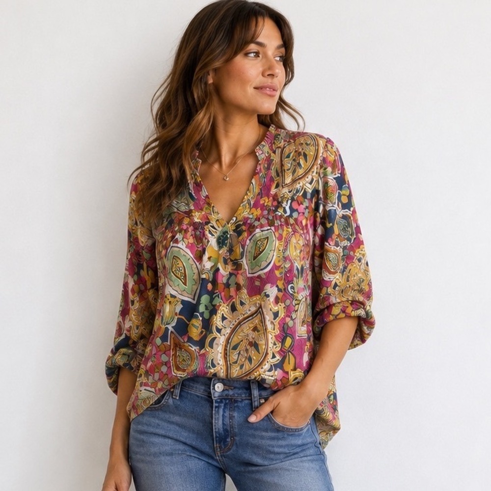 Umgee Blouse Large Multicolor Paisley Boho Ruffle Neck Puff Sleeve Babydoll Top